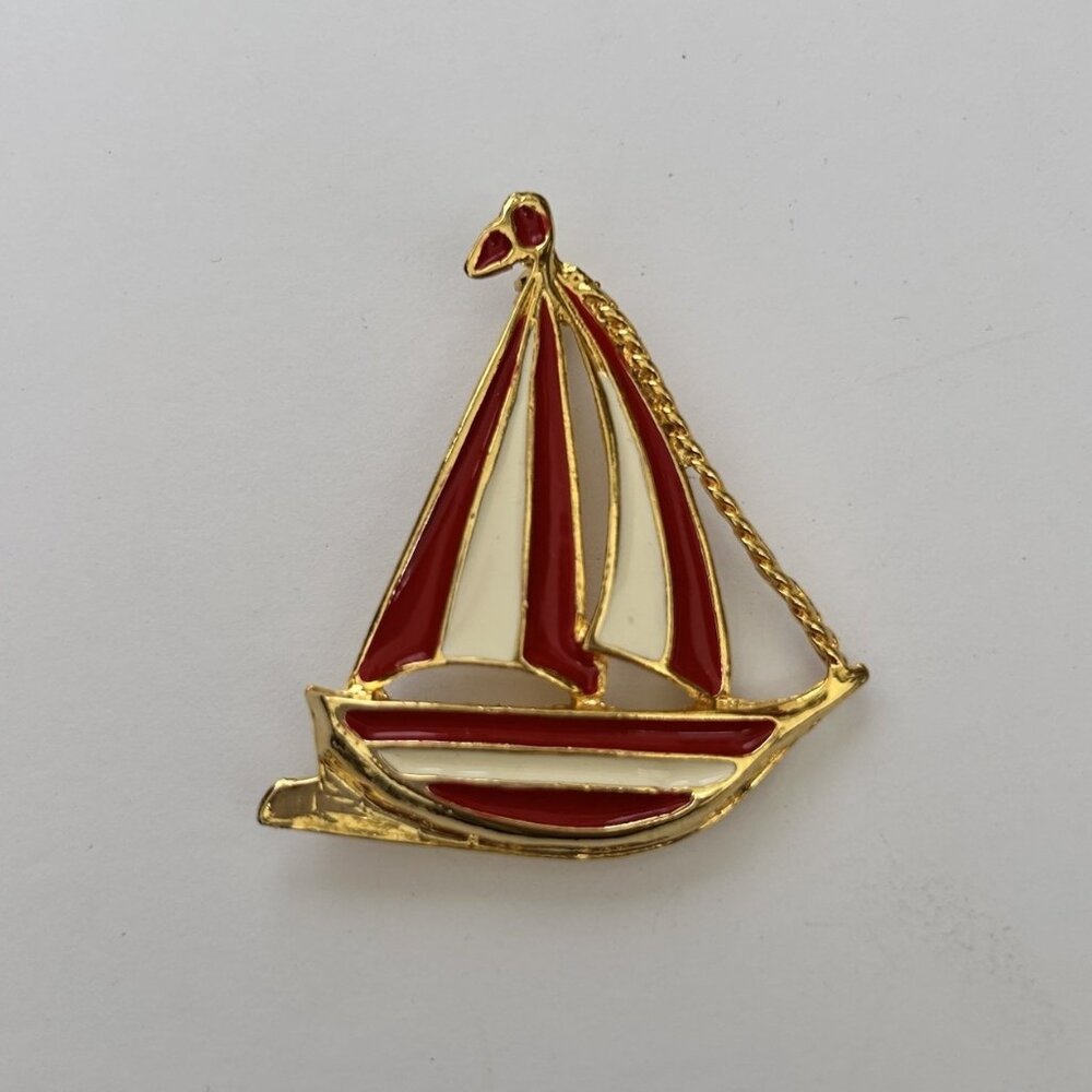 Vintage Sailboat Brooch Pin Nautical Enamel Red White Striped Goldtone Preppy